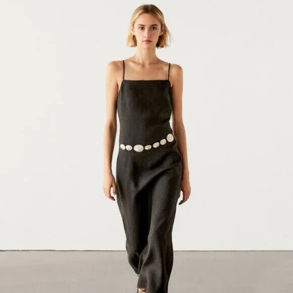 Massimo Dutti Linen Midi Dress with Slit Details, Brown, L - Picture 2 of 5